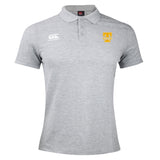 Light gray Tacoma Tsunami Rugby Waimak Polo by EMB Canterbury, featuring short sleeves, a collar, two white chest logos, and a three-button placket—ideal for fans of classic men's rugby polo style.