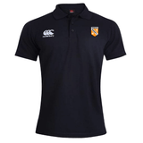 Black University of Tennessee Waimak Polo by EMB Canterbury with short sleeves, Canterbury logo on the right chest, and a "CENTAURS RUGBY" shield badge on the left. Classic rugby shirt style inspired by the Waimak Rugby Polo.