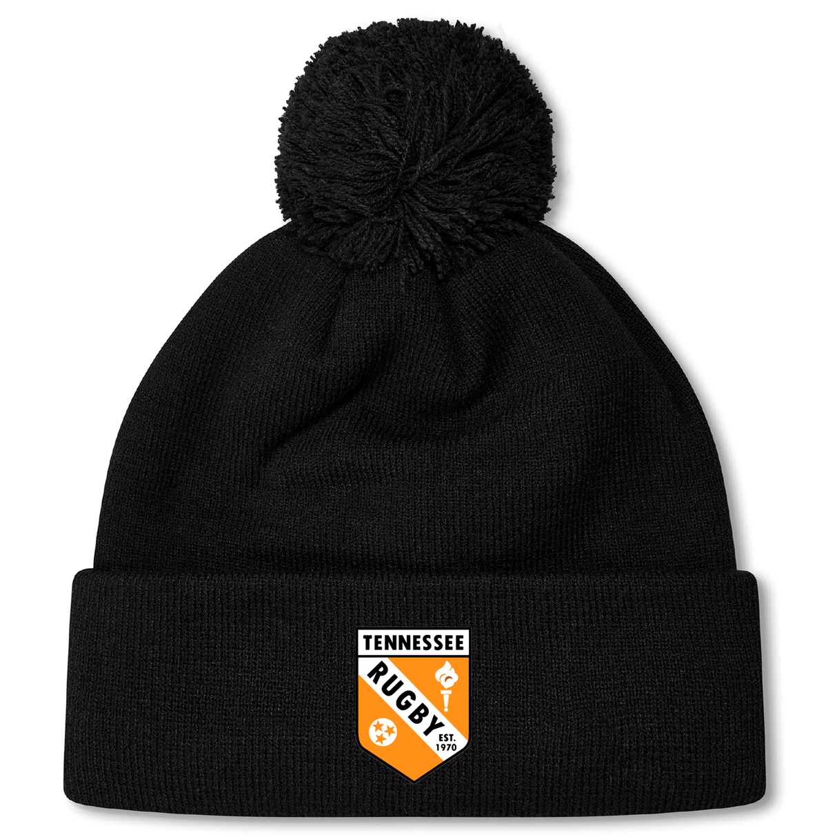 The University of Tennessee Pom Pom Beanie by EMB Canterbury features a black knit design, fleece lining for warmth, a pom-pom top, and a "Tennessee Rugby" crest logo on the front cuff.