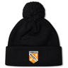 The University of Tennessee Pom Pom Beanie by EMB Canterbury features a black knit design, fleece lining for warmth, a pom-pom top, and a "Tennessee Rugby" crest logo on the front cuff.