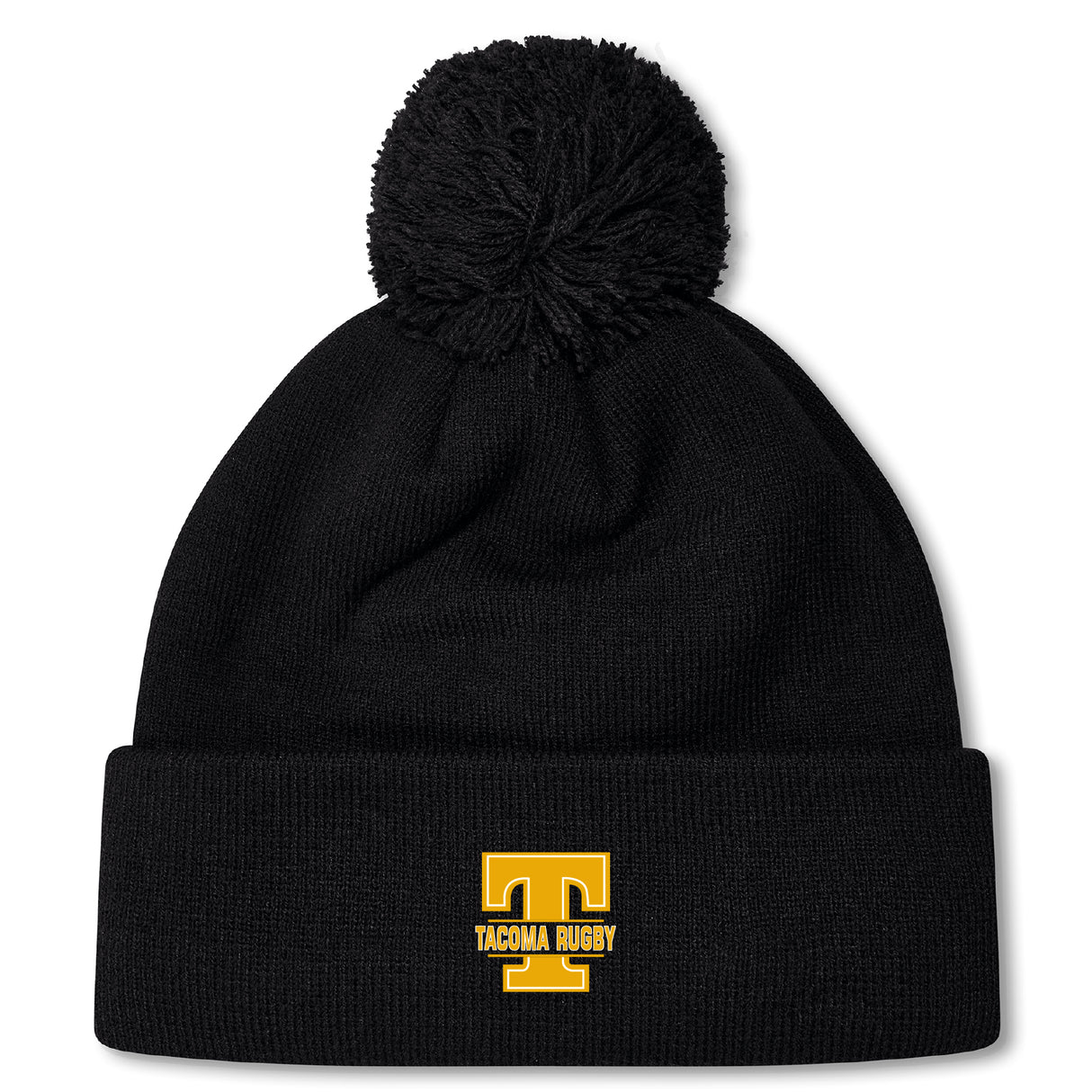 Stay warm in the Tacoma Tsunami Rugby Pom Pom Beanie by EMB Canterbury. This black knit, fleece-lined beanie features a pom-pom, a bold yellow "T," and "TACOMA RUGBY" embroidered on the brim—ideal for dedicated rugby fans.