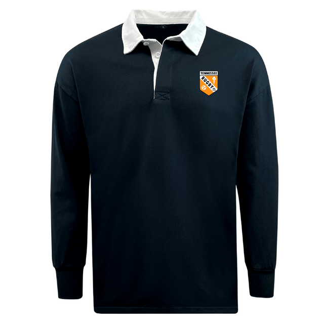 The EMB Mudoo University of Tennessee Classic Long Sleeve Solid Rugby Jersey features a black design with a white collar and the Tennessee Orange Football Club logo on the left chest.