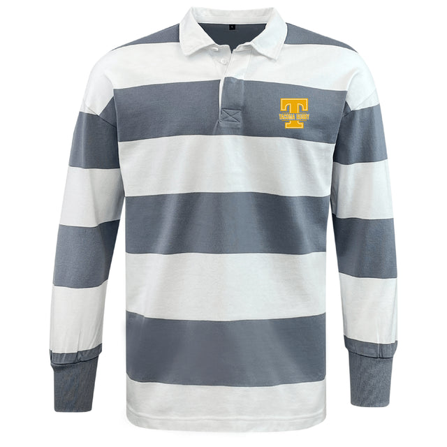 Show your team spirit with the EMB Mudoo Tacoma Tsunami Rugby Classic Long Sleeve Hooped Jersey, featuring navy and white hoops, a classic collar, and a yellow "T" logo with "Tennessee Turkey" text on the chest.