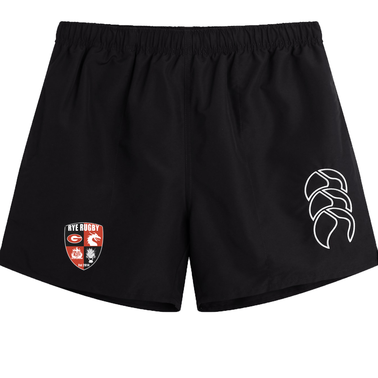 Black Rye High School Rugby Tactic Shorts by EMB Canterbury with team logo and white emblem on the right leg.