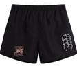 Black rugby shorts with a "ccrc rugby" logo and a white fern leaf design on the right leg, featuring an elasticated waist - EMB Canterbury Concord Carlisle Rugby Tactic Short.