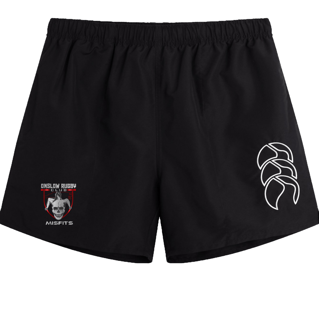 Black Onslow Rugby Misfits Tactic shorts with a EMB Canterbury logo on the left leg and a stylized leaf design on the right.