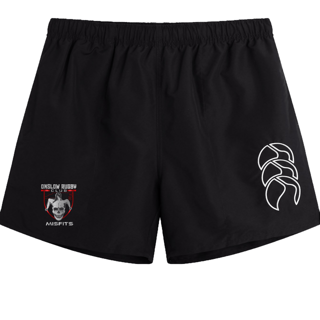 Black Onslow Rugby Misfits Tactic shorts with a EMB Canterbury logo on the left leg and a stylized leaf design on the right.