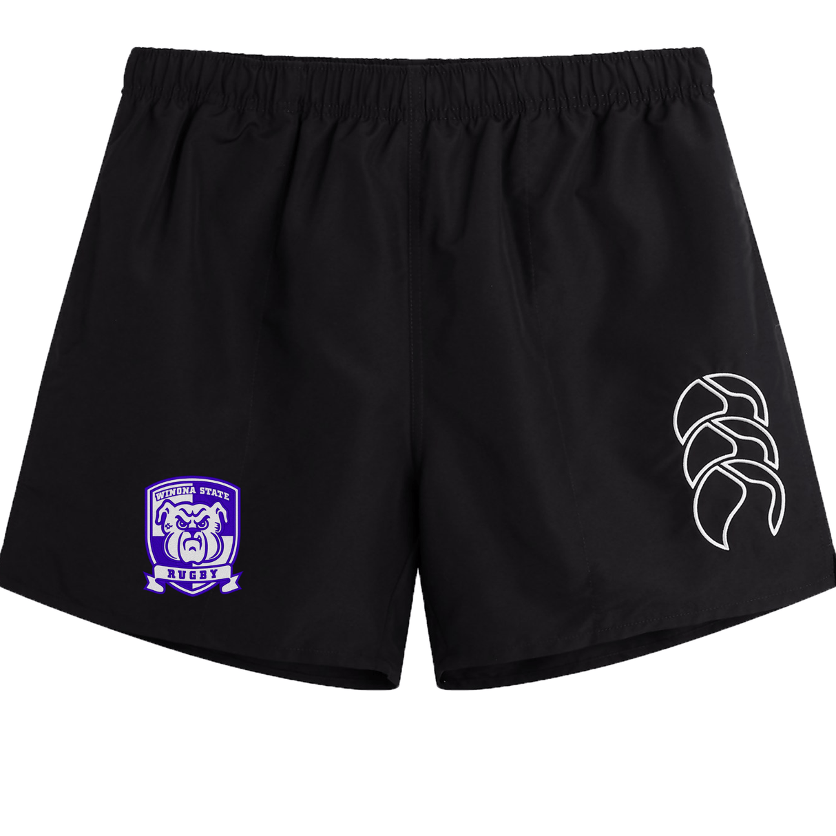 Winona State University Tactic Short by EMB Canterbury with a purple rugby emblem on the left leg, an elasticated waistband for maximum comfort, and a white abstract design on the right leg.