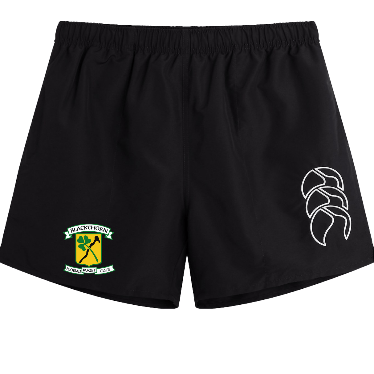 Black Blackthorn RFC Tactic shorts with embroidered logos: a green and yellow club emblem on the left and a white palm design on the right by EMB Canterbury.