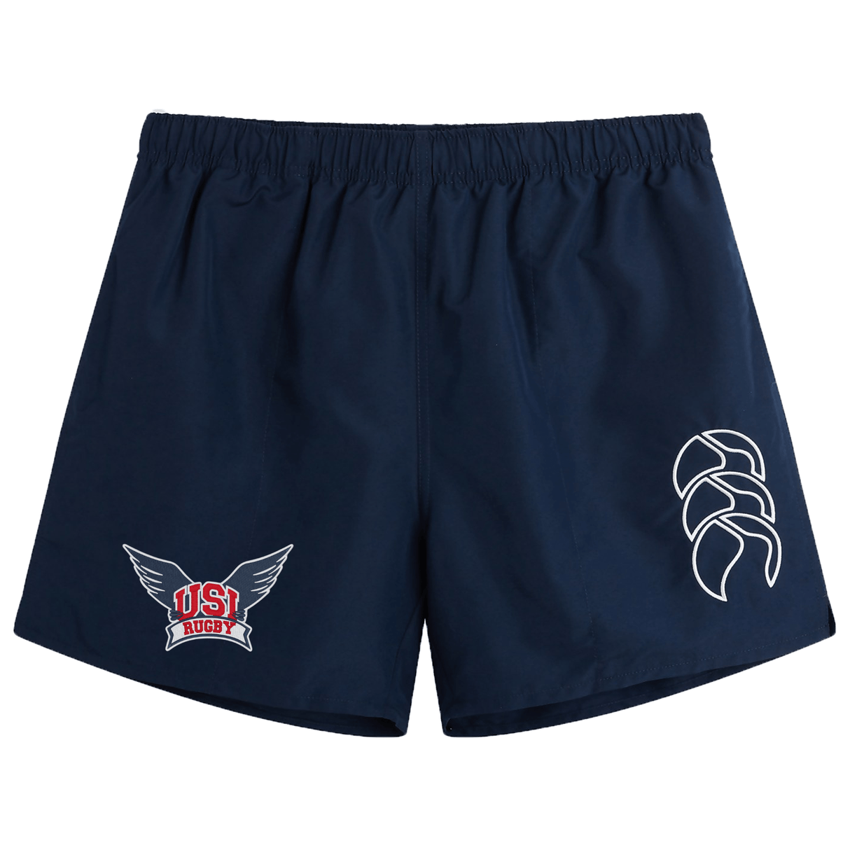 Navy blue University of Southern Indiana Tactic Short by Canterbury with an elasticated waistband, featuring a winged logo with "USI Rugby" on the left leg and a stylized three-part symbol on the right leg—perfect for dominating the rugby pitch.