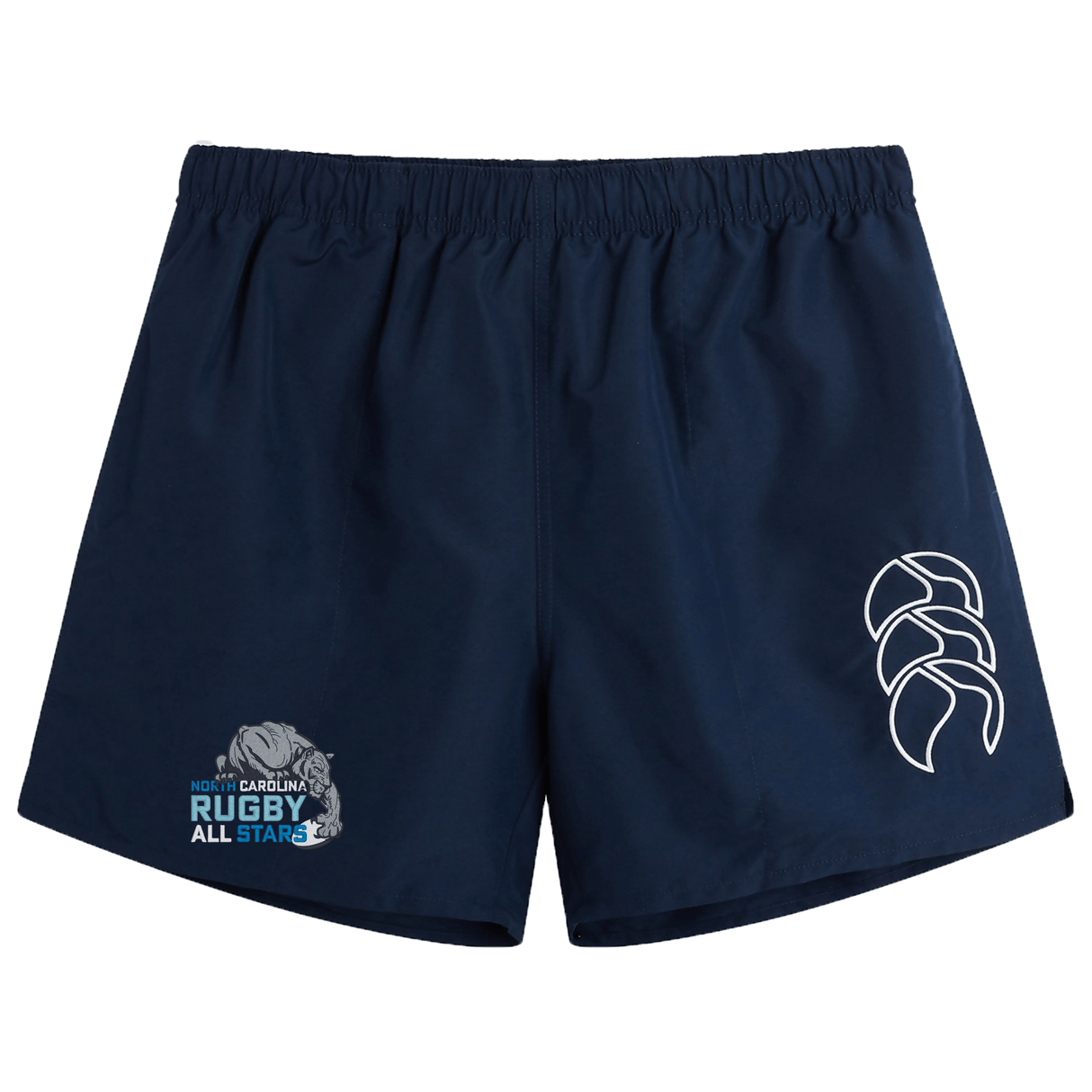 Navy blue NC All Stars Tactic shorts by EMB Canterbury with an elasticated waistband, featuring a "North Carolina Rugby All Star" logo and a stylized white fern on the right leg.