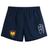 Navy blue Cincinnati Classical Academy Tactic shorts by EMB Canterbury with an elasticated waistband, displaying a crest with a stylized eagle and a leaf emblem on the right leg.