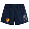 Navy blue Cincinnati Classical Academy Tactic shorts by EMB Canterbury with an elasticated waistband, displaying a crest with a stylized eagle and a leaf emblem on the right leg.