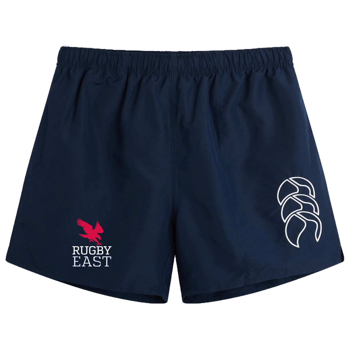 Navy blue Rugby East Conference Tactic Short by Canterbury with an elastic waistband, featuring "Rugby East" and a red eagle logo on the left, and a white emblem on the right. Perfect for dominating the rugby pitch.