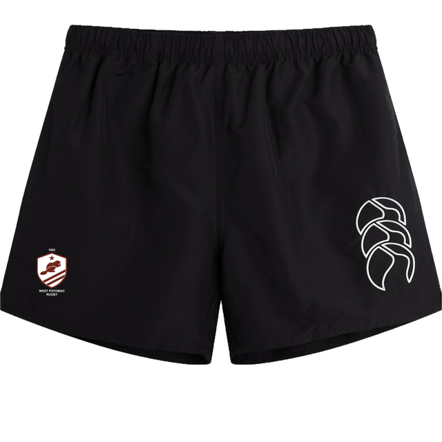 EMB Canterbury’s West Potomac RFC Tactic Short is designed for gym training, featuring a small crest with text on the left leg and a large abstract white logo on the right leg.