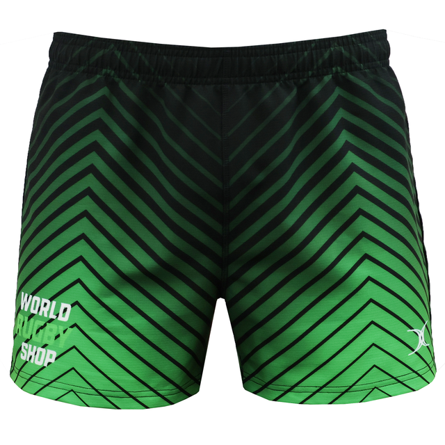 The Teamatical Gilbert Sublimated Pro Shorts - Mens feature a green and black chevron pattern, elastic waistband, and "World Rugby Shop" printed on the left leg.