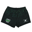 Teamatical Gilbert Sublimated Pro Shorts for women: black rugby shorts with green accents, featuring "World Rugby Shop" text and a white logo on the front.