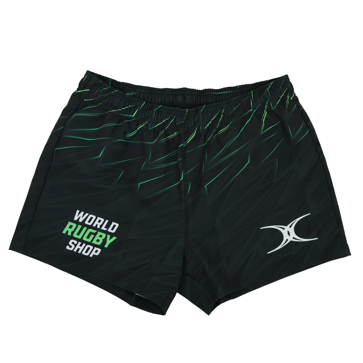 Teamatical Gilbert Sublimated Pro Shorts for women: black rugby shorts with green accents, featuring "World Rugby Shop" text and a white logo on the front.