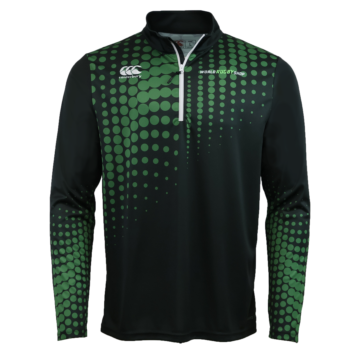 The Teamatical Canterbury Eco-Sublimate Mid-Layer Q-Zip for men is a black athletic pullover in lightweight polyester, featuring green dotted gradients, a quarter zip, and World Rugby Shop and Canterbury logos.