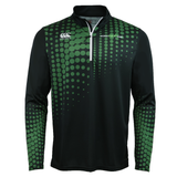 The Teamatical Canterbury Eco-Sublimate Mid-Layer Q-Zip for men is a black athletic pullover in lightweight polyester, featuring green dotted gradients, a quarter zip, and World Rugby Shop and Canterbury logos.