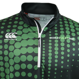 Close-up of the Teamatical Canterbury Eco-Sublimate Mid-Layer Q-Zip for men, a black and green quarter-zip rugby jersey with a white zipper, chest branding, and lightweight polyester—ideal as a men's mid-layer.