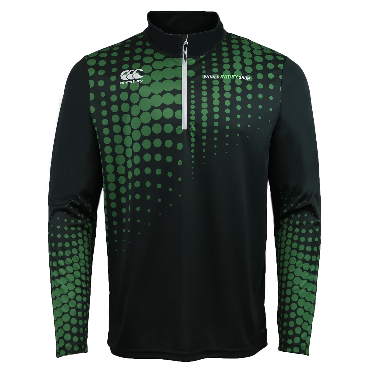 The Teamatical Canterbury Eco-Sublimate Mid-Layer Q-Zip for men is a black athletic pullover featuring a green dotted pattern, lightweight polyester fabric, and chest logos for World Rugby Shop and Canterbury.