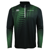 The Teamatical Canterbury Eco-Sublimate Mid-Layer Q-Zip for men is a black athletic pullover featuring a green dotted pattern, lightweight polyester fabric, and chest logos for World Rugby Shop and Canterbury.