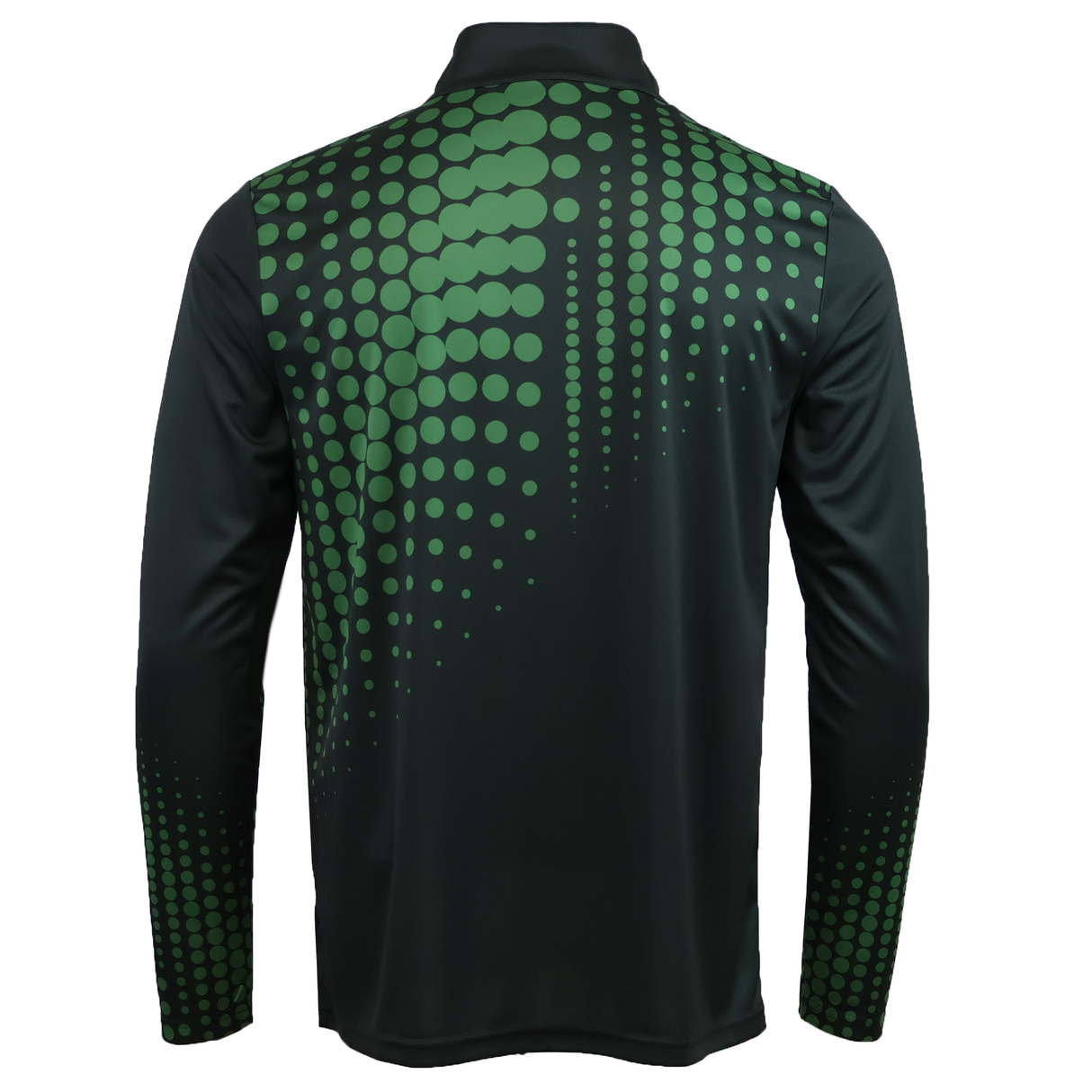Back view of the Teamatical CANTERBURY ECO-SUBLIMATE MID-LAYER Q-ZIP for men, a lightweight polyester black long-sleeve with green dot pattern in various sizes across upper back, shoulders, and sleeves for comfort and style.