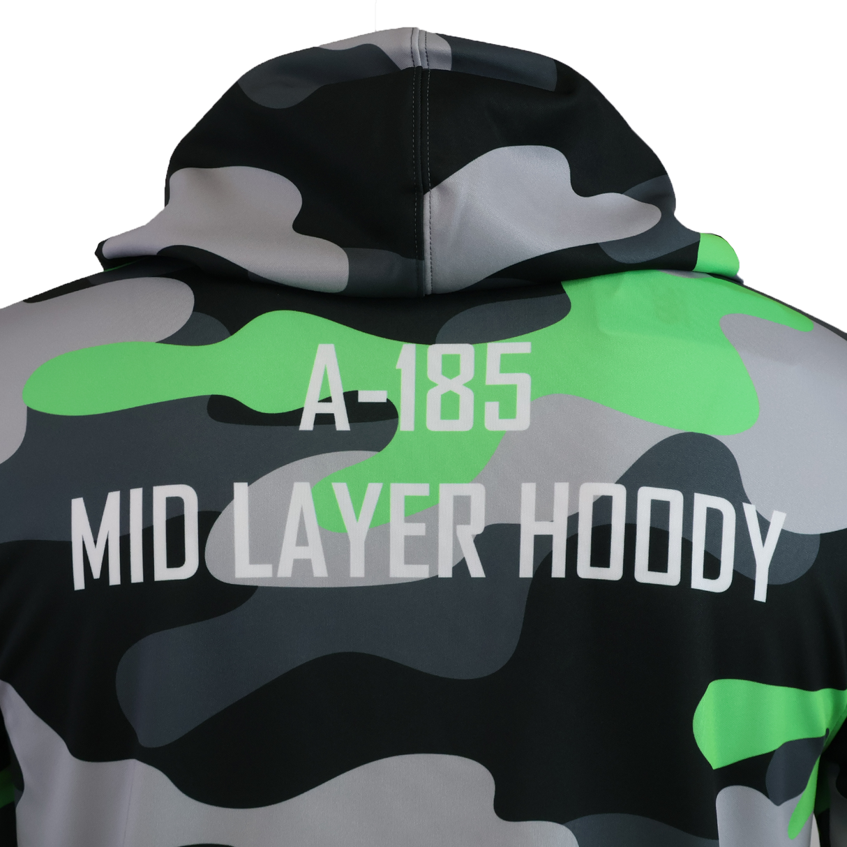 A close-up of the back of a camo-patterned Teamatical CANTERBURY MID-LAYER SUBLIMATE HOODIE - MENS shows bold white text reading "A-185 MID LAYER HOODY.