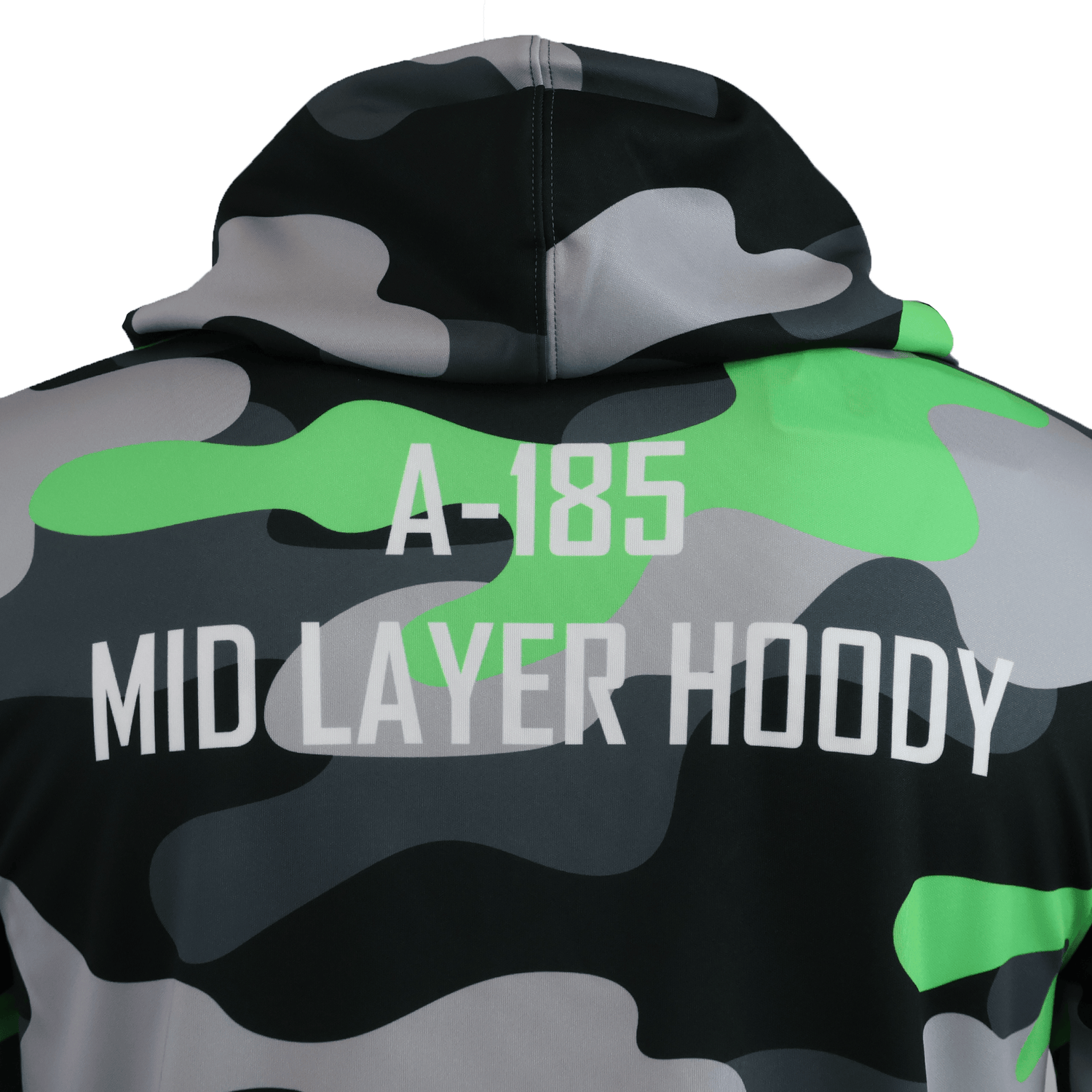 Back view of the Teamatical Canterbury Mid-Layer Sublimate Hoodie - Men's featuring a camouflage design and "A-185 MID LAYER HOODY" in white on the upper back.