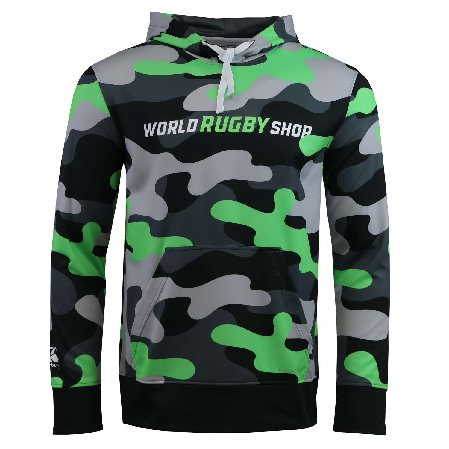 The Teamatical Canterbury Mid-Layer Sublimate Hoodie - Men's features green, gray, black, and white colors, "World Rugby Shop" text on the chest, and a front pocket.