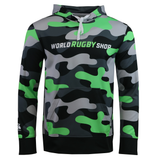 The Teamatical Canterbury Mid-Layer Sublimate Hoodie for men features a green, black, gray, and white camo design with "World Rugby Shop" on the chest and a front pocket—ideal as a stylish team hoodie.