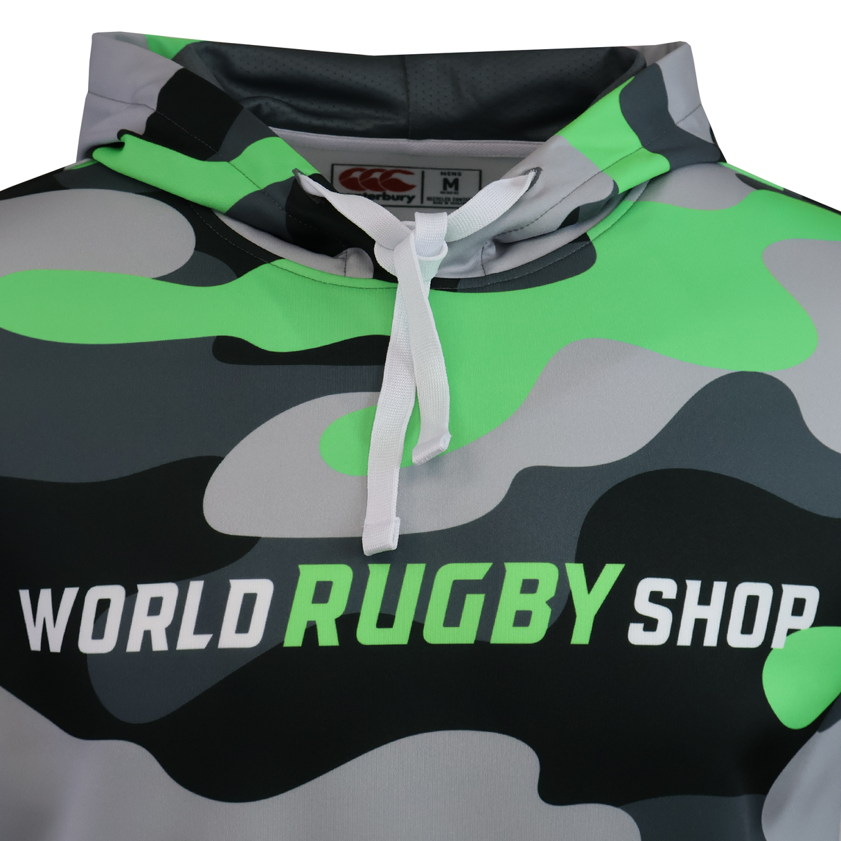 Close-up of the Teamatical Canterbury Mid-Layer Sublimate Hoodie for men, displaying a green, black, and gray camo pattern with "WORLD RUGBY SHOP" printed on the front.