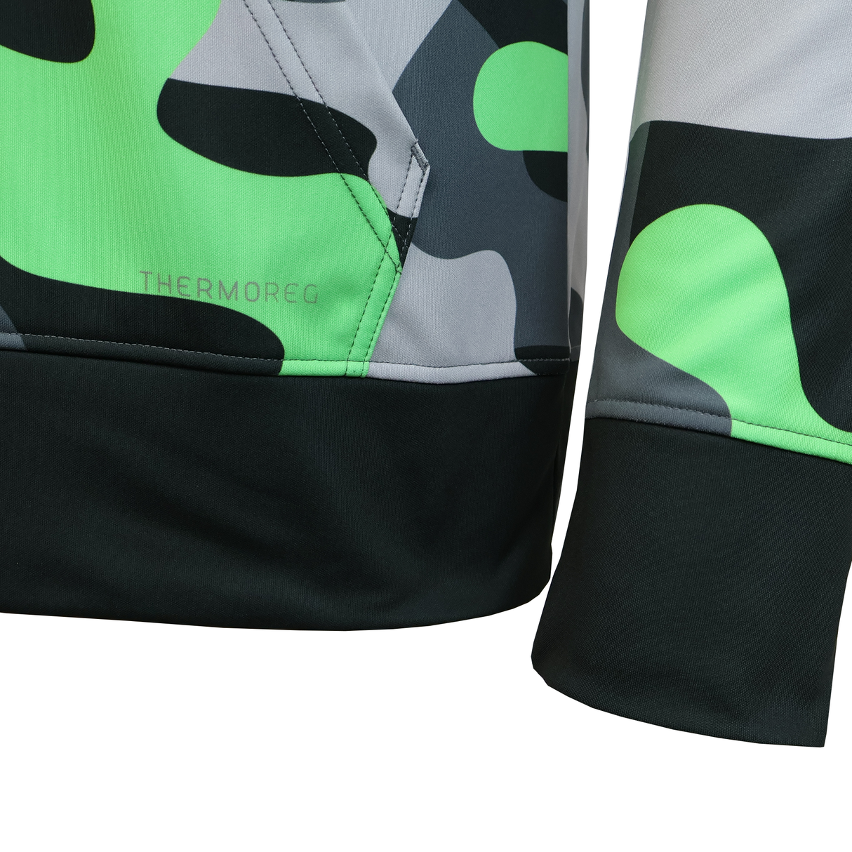 Close-up of the CANTERBURY MID-LAYER SUBLIMATE HOODIE - MENS by Teamatical shows a jacket sleeve and pocket in green, gray, and black camo style with "THERMOREG" printed near the pocket seam.