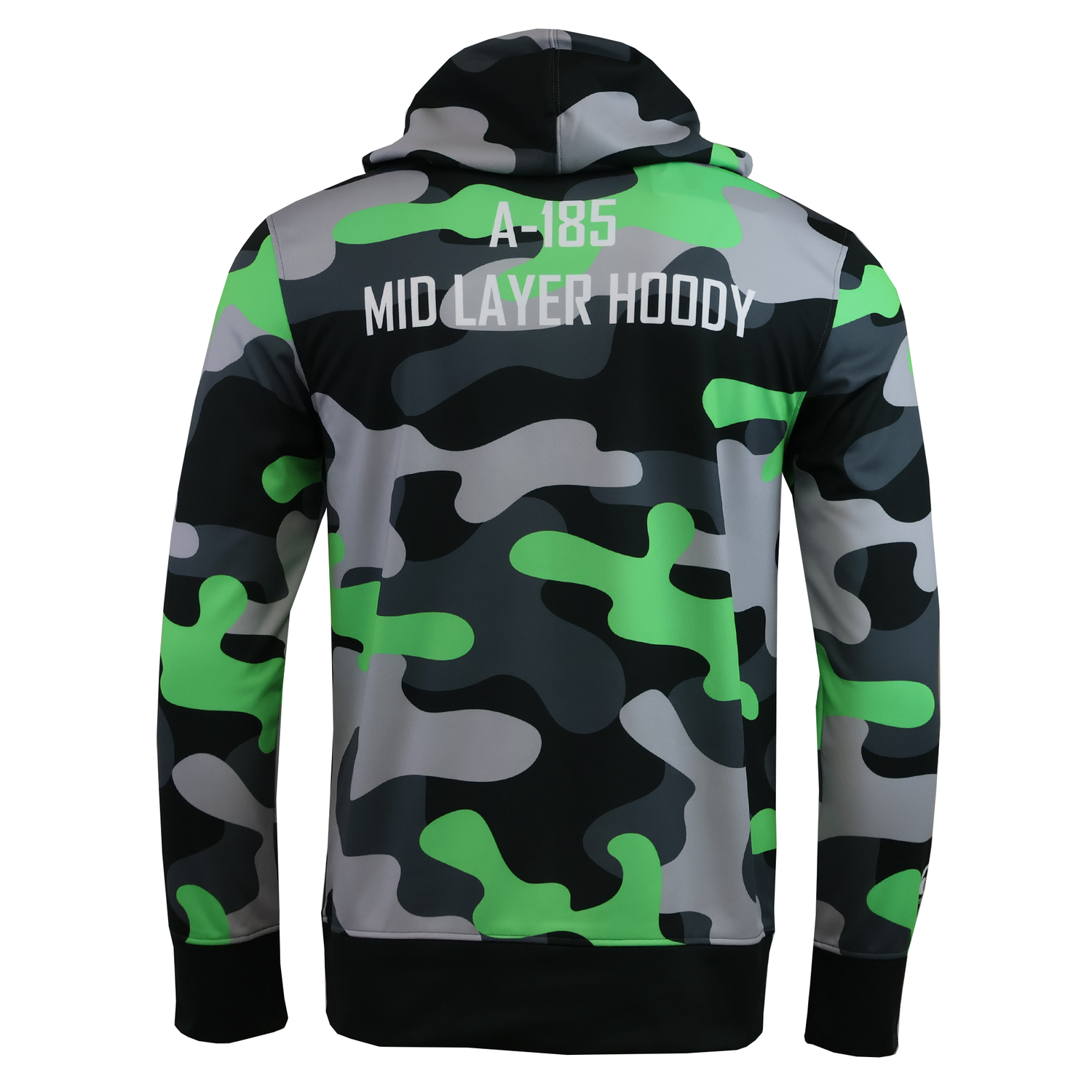 The Canterbury Mid-Layer Sublimate Hoodie - Men's by Teamatical features a green, black, and gray camo print with "A-185 MID LAYER HOODY" in bold white on the back. Ideal for active or casual wear.