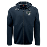 Navy blue Chicago Valkyries Tempo Vapodri full-zip hoodie by EMB Canterbury with moisture-wicking features, adorned with team logos on the chest and a hood.