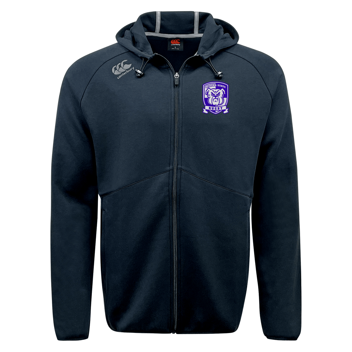 A black Winona State University Tempo Vapodri Full-Zip Hoodie by EMB Canterbury with a purple embroidered logo on the left chest, Canterbury branding, and two drawstrings on the hood.