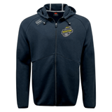 Navy blue full-zip Boston RFC Tempo Vapodri hoodie by EMB Canterbury with "Boston" patch on the left chest, featuring a hood and split kangaroo pockets, displayed on a white background.