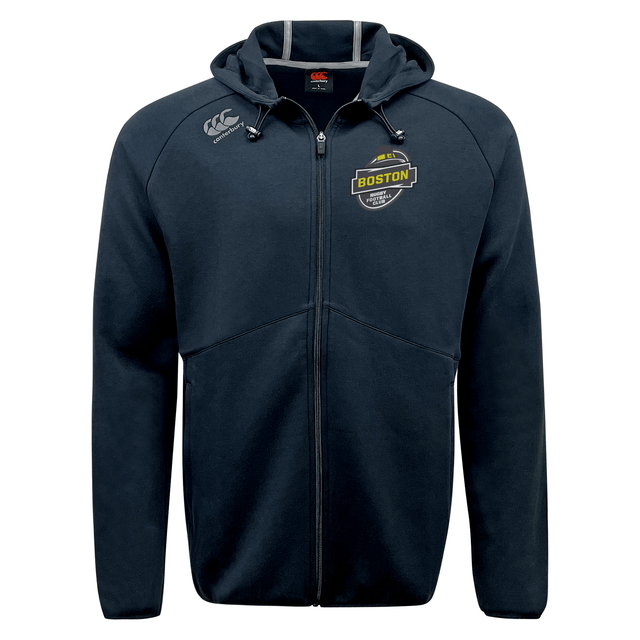 Navy blue full-zip Boston RFC Tempo Vapodri hoodie by EMB Canterbury with "Boston" patch on the left chest, featuring a hood and split kangaroo pockets, displayed on a white background.