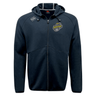Navy blue full-zip Boston RFC Tempo Vapodri hoodie by EMB Canterbury with "Boston" patch on the left chest, featuring a hood and split kangaroo pockets, displayed on a white background.