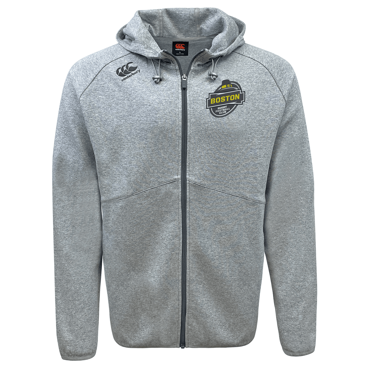 Gray Boston RFC Tempo Vapodri Full-Zip Hoodie by EMB Canterbury with "boston" embroidered on the left chest, featuring a EMB Canterbury branding logo on the right and a drawstring hood.