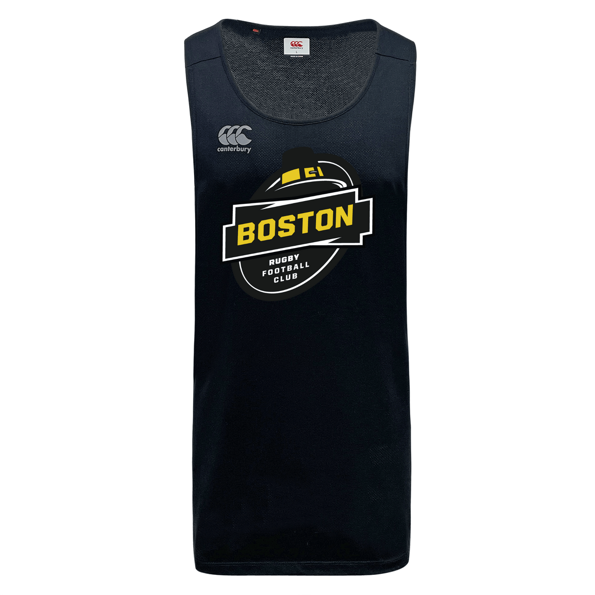 Black Boston RFC Tempo VapoDri Singlet with WRS Canterbury logo on the chest, made from recycled polyester.