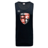 The Rye High School Rugby Tempo Vapodri Singlet by WRS Canterbury is a black sleeveless sports shirt made from recycled polyester. It showcases "RYE RUGBY," a four-part shield logo with symbols, and the words "Est 2014" on the front. This CCC Tempo Singlet features VapoDri technology for superior performance and comfort.