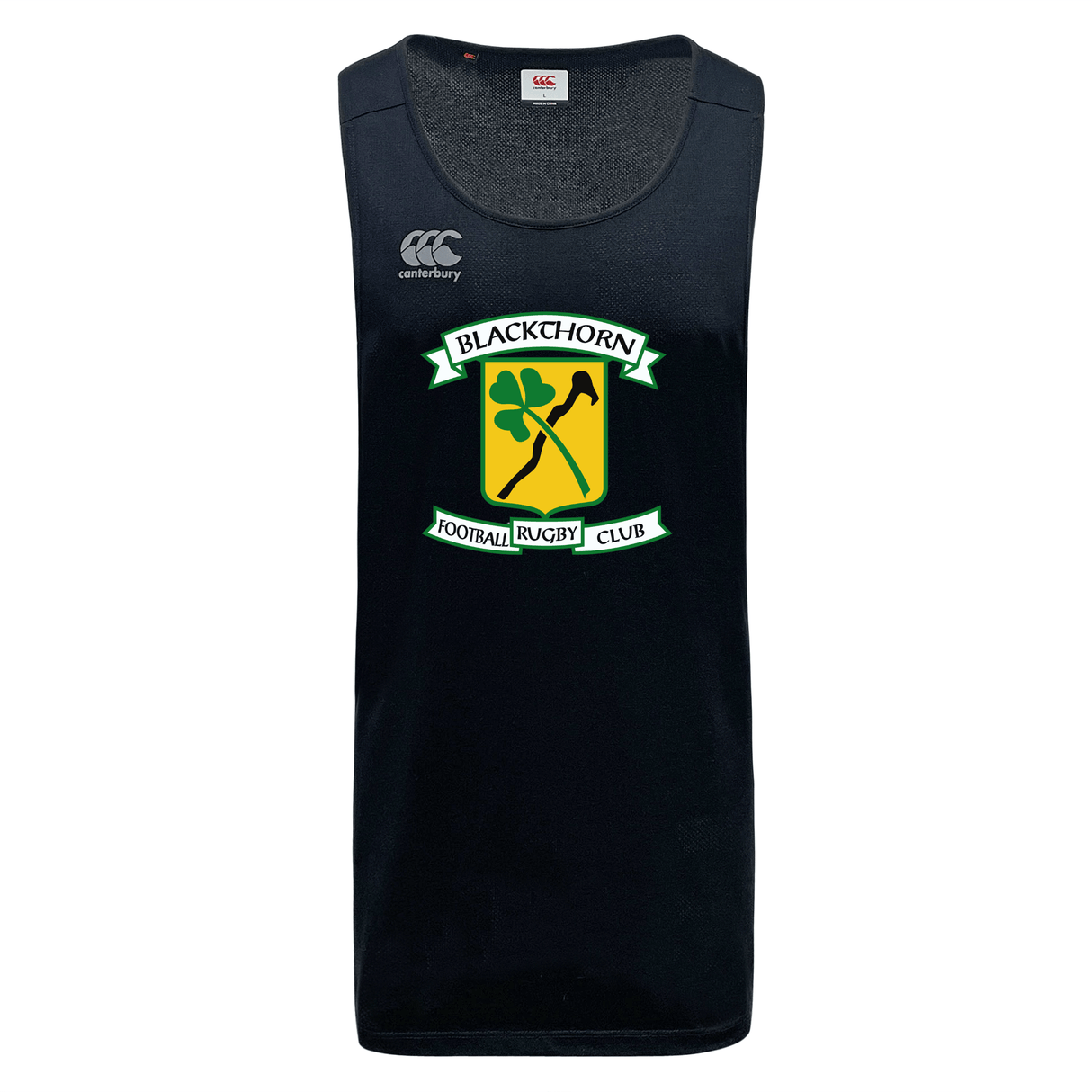 Black Blackthorn RFC Tempo Vapodri Singlet with "blackhorn football rugby club" logo on the chest and WRS Canterbury brand logo at the upper right, made from moisture-wicking recycled polyester.