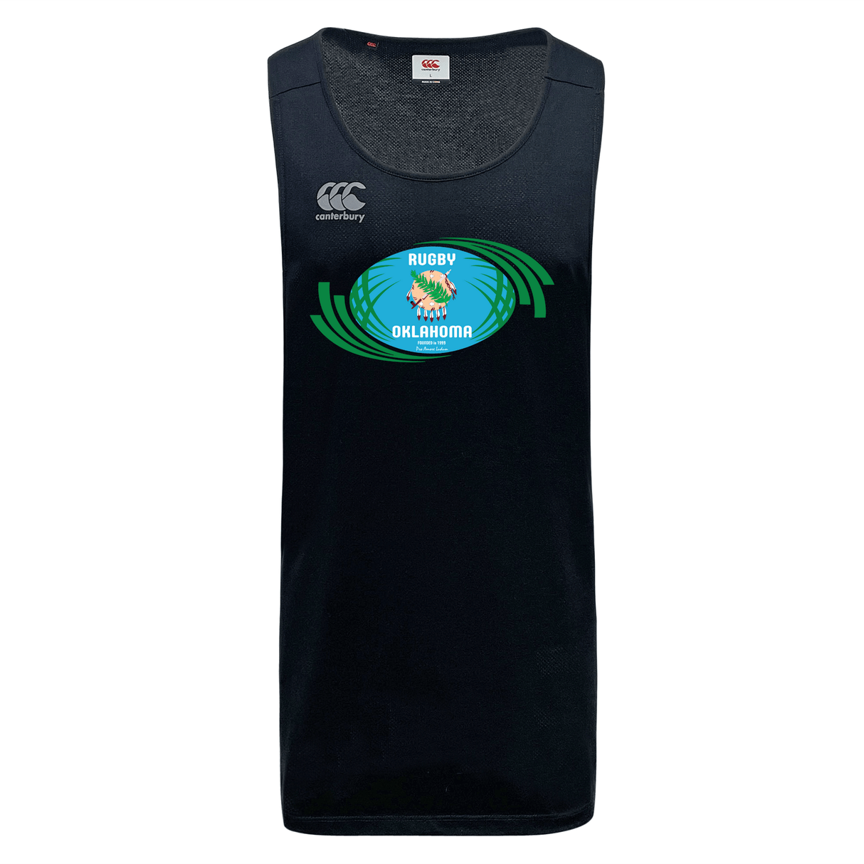 Rugby Oklahoma Tempo Vapodri Singlet by WRS Canterbury jersey featuring the canterbury logo at the upper chest and an oklahoma rugby emblem in green and orange on the front, made from recycled polyester.