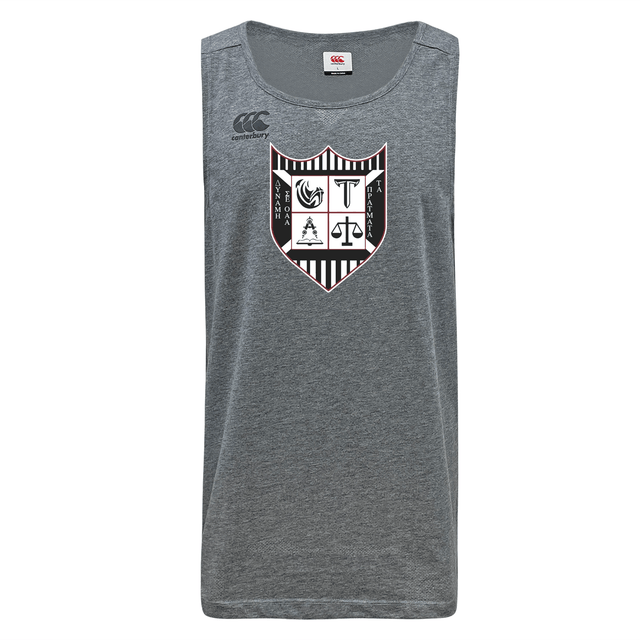 Gray Troy University Rugby Tempo VapoDri singlet featuring a crest design with various symbols, including an anchor and a torch, on the chest by WRS Canterbury.