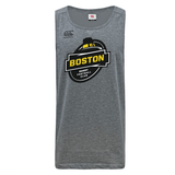 The Boston RFC Tempo Vapodri Singlet by WRS Canterbury showcases the "Boston Rugby Football Club" logo boldly in black and yellow on its gray, sleeveless design. Crafted from recycled polyester with VapoDri technology, it offers exceptional comfort and performance, finished with iconic Canterbury branding for a genuine touch.