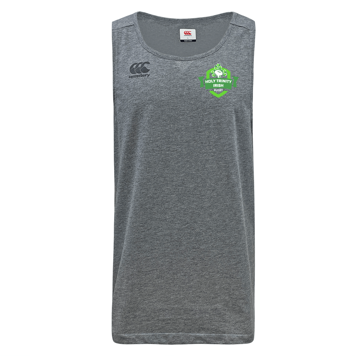 The Holy Trinity Rugby Canterbury Tempo Vapodri Singlet from WRS Canterbury is a grey tank top that features a green logo, perfect for those who seek quick-drying and moisture-wicking properties.