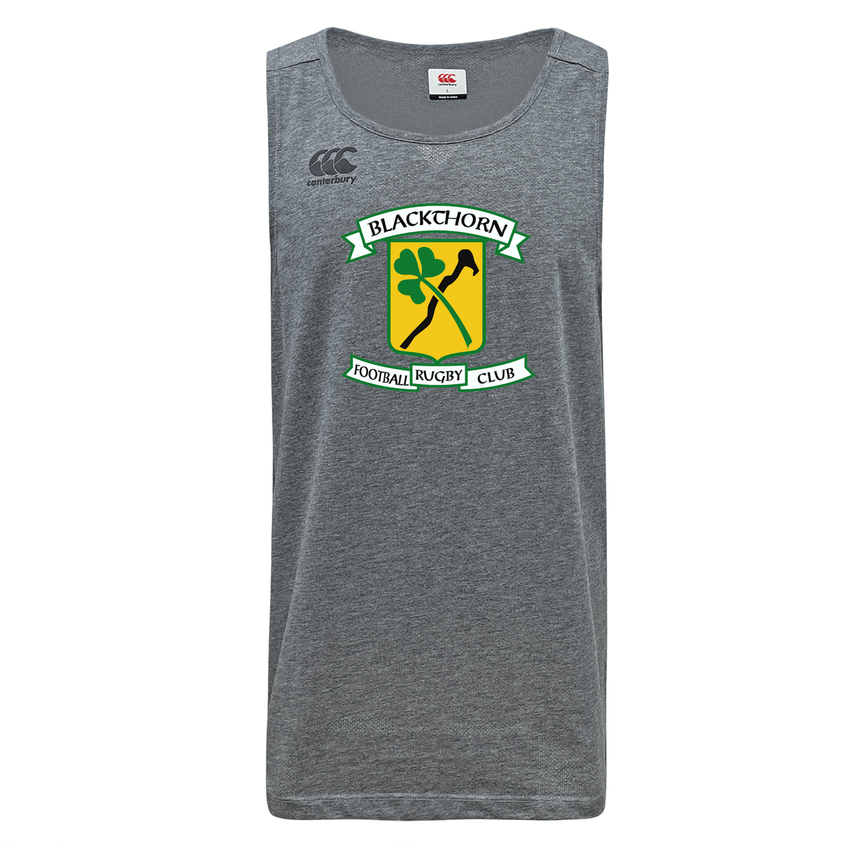 The Blackthorn RFC Tempo Vapodri Singlet by WRS Canterbury is a gray sleeveless top that proudly displays the Blackthorn Football Rugby Club logo, featuring a yellow shield, green clover, and crossed blackthorn sticks. Crafted from recycled polyester with VapoDri technology, it ensures both comfort and style whether you're on the field or off.