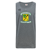 The Blackthorn RFC Tempo Vapodri Singlet by WRS Canterbury is a gray sleeveless top that proudly displays the Blackthorn Football Rugby Club logo, featuring a yellow shield, green clover, and crossed blackthorn sticks. Crafted from recycled polyester with VapoDri technology, it ensures both comfort and style whether you're on the field or off.